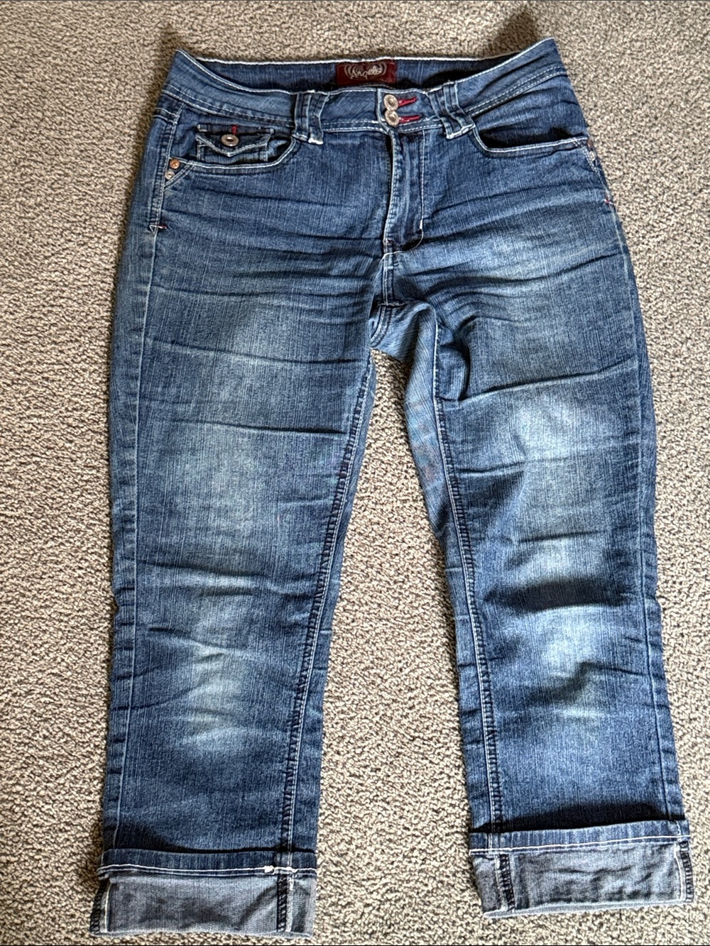 Angels Distressed Slim Straight Jeans w/Sparkly Embroidery, Rolled Cuffs. Size 6